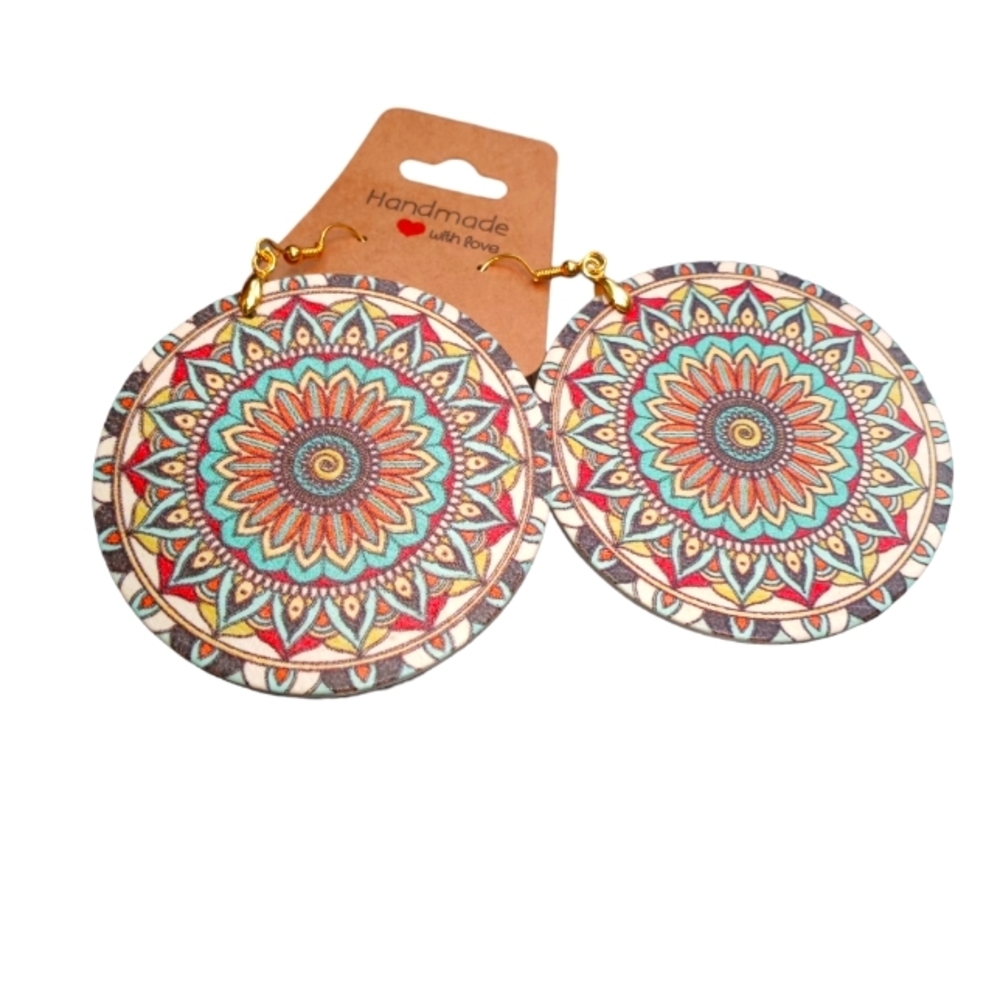 Big bold round milti-colored print wooden drop dangle earrings